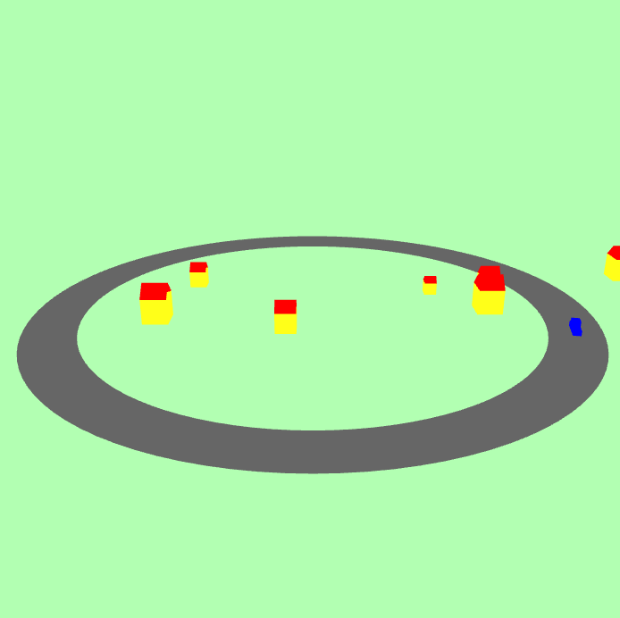 Hringlaga braut með bláum bíl að keyra, grænn bakgrunnur og gul hús með rauðum þökum